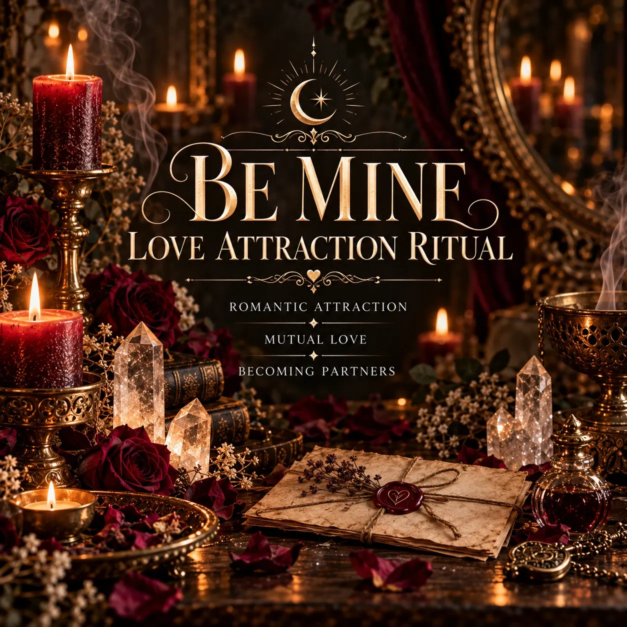 Cover artwork for the Be Mine — Love Attraction Ritual, in deep burgundy and antique gold.