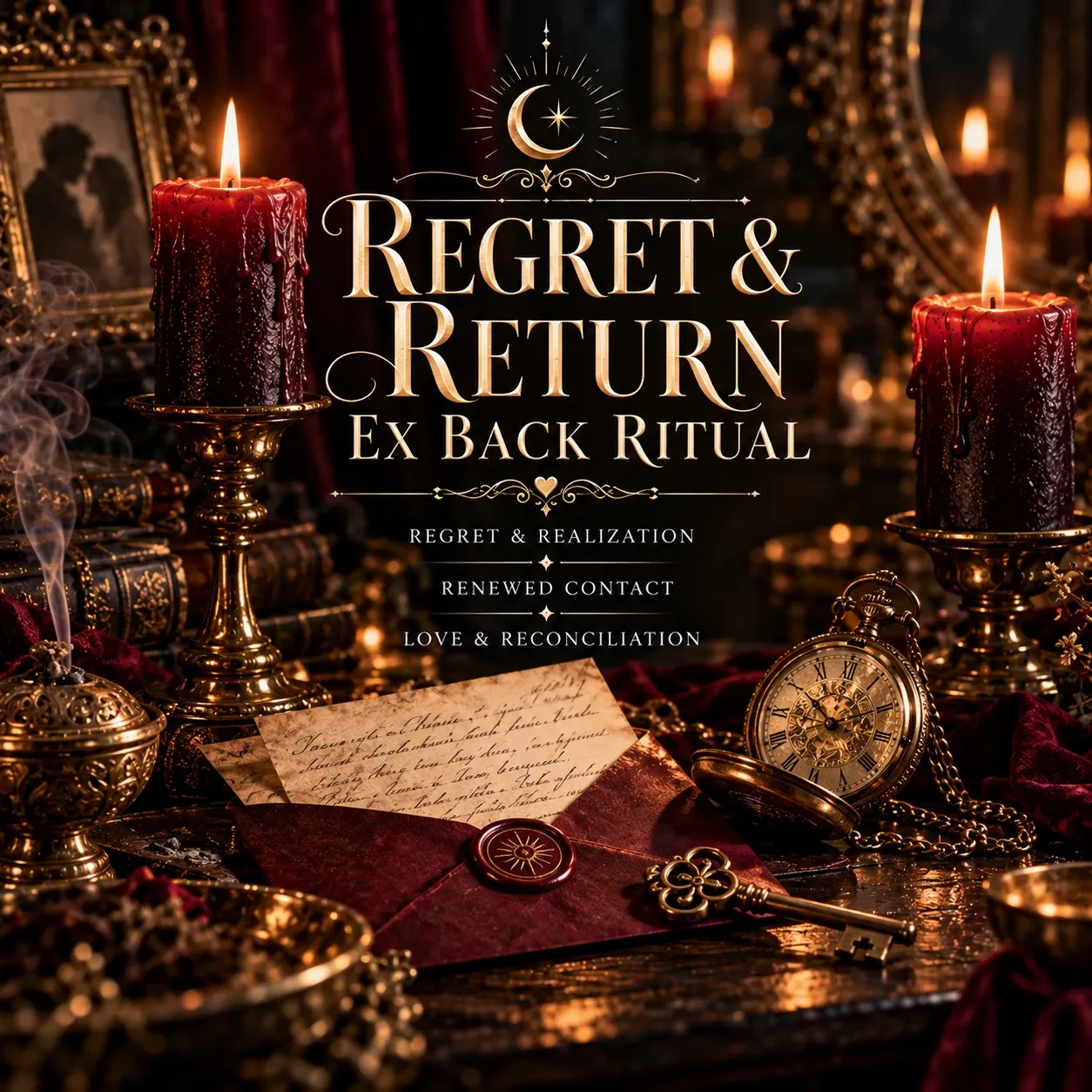 Cover artwork for the Regret & Return — Ex Back Ritual, in deep burgundy and antique gold.