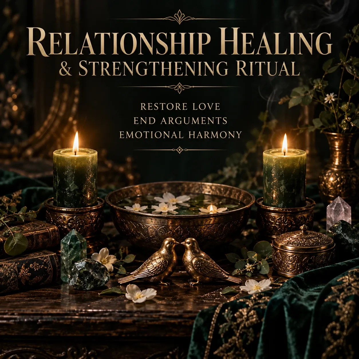 Cover artwork for the Relationship Healing & Strengthening Ritual, in deep emerald and antique gold.